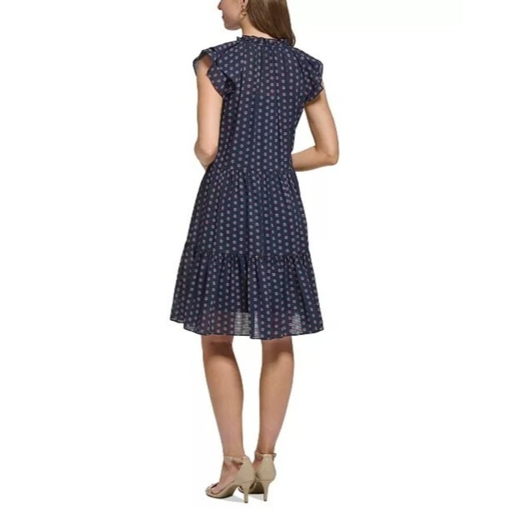 129$ Tommy Hilfiger Bella Floral Flutter-Sleeves Shift Dress Size 8 Navy Blue - Picture 2 of 4